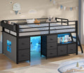 ADORNEVE Low Loft Bed Twin Size with 7 Storage Drawers, Bookcase and LED Lights, Metal Kids Loft Bed with 14' H Safety Guardrail,Inclined Ladder and Play Curtain, Under-Bed Play Space, Black