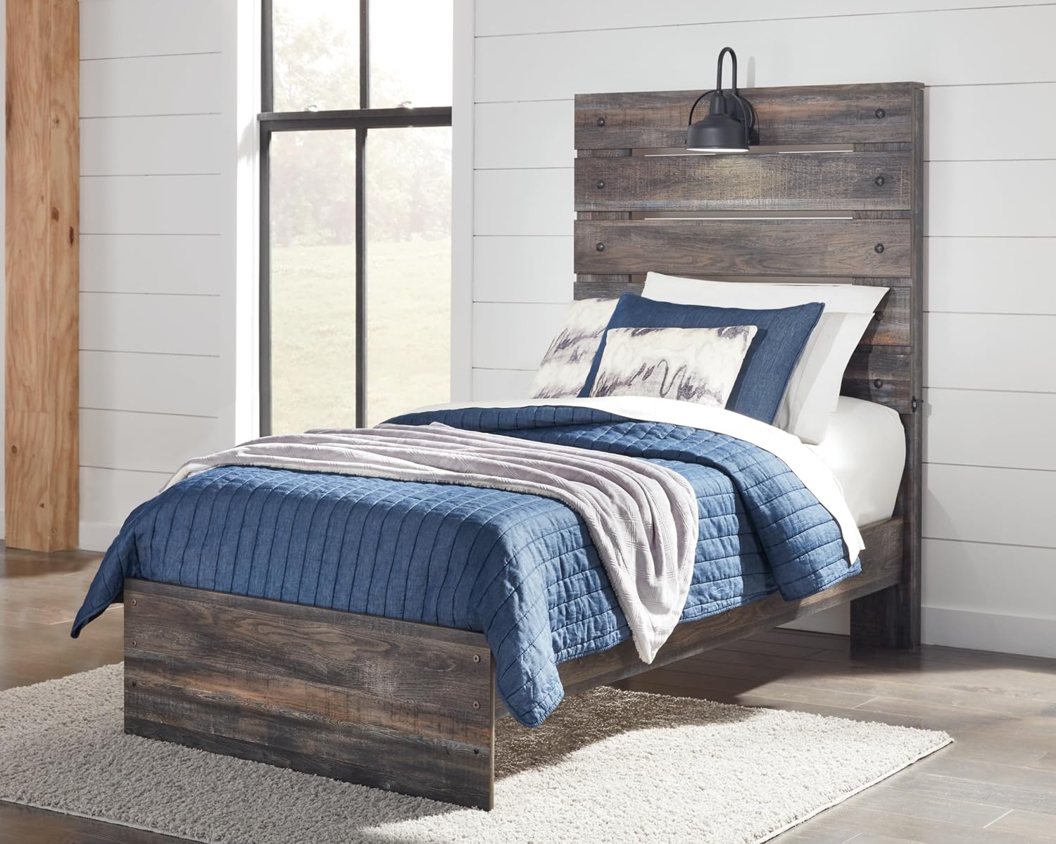 Signature Design by Ashley Drystan Rustic Twin Panel Bed with Sconce LED Lights, USB Ports and Nailheads, Foundation or Box Spring Needed, Dark Brown & Gray