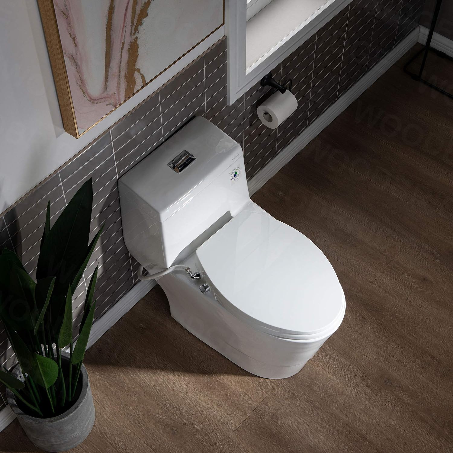 WOODBRIDGE One Piece 1.1GPF/1.6 GPF Dual Flush Elongated Toilet with Non-Electric Bidet Seat in White
