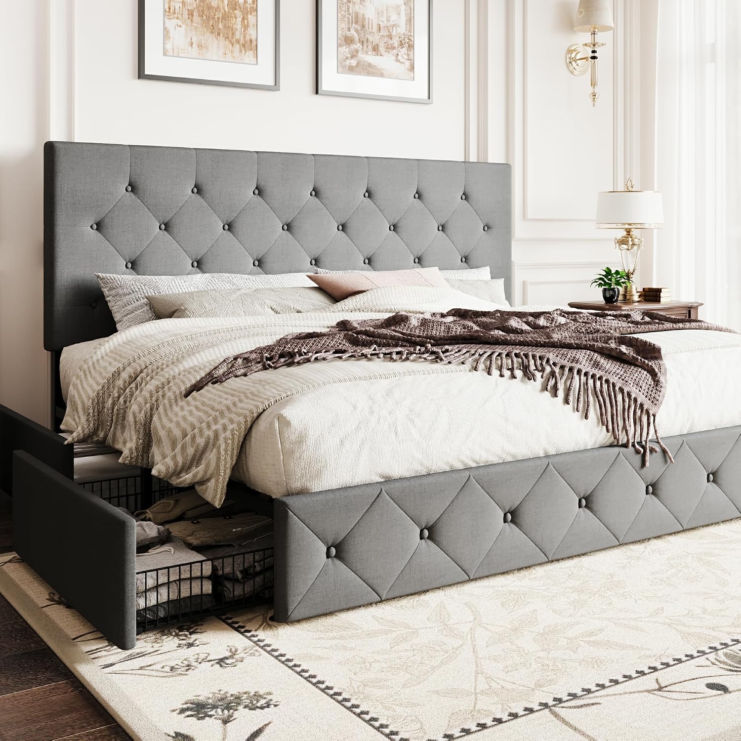 SHA CERLIN Upholstered King Size Platform Bed Frame with 4 Storage Drawers, Adjustable Headboard with Diamond Stitched Button Tufted Design, Wooden Slat Support, No Box Spring Needed, Light Grey