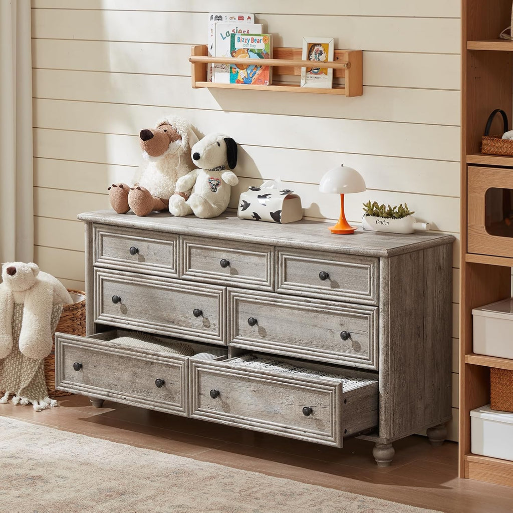 RWYHG Farmhouse Dresser and Nightstand Sets 4 Piece, Wooden 7 Drawers Dresser & 43.5' Tall Chest of Drawers, 18' Roman Column Nightstand Set of 2, Furniture Dressers for Bedroom, Living Room