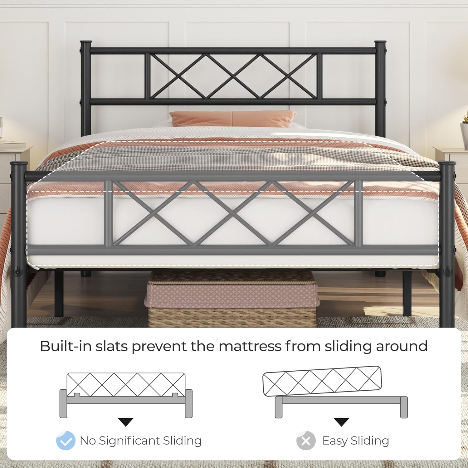 Yaheetech 2PCS Twin XL Metal Bed Frame Platform Bed Set of 2 Mattress Foundation with Headboard and Footboard Metal Bed with Under-Bed Storage and Metal Slat Support Black