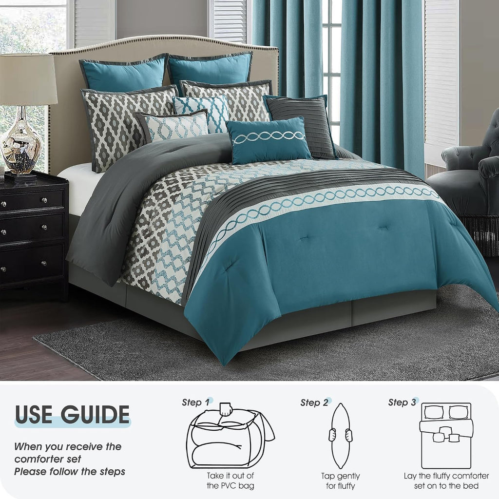 LANCO MODERN LIFESTYLE California King Comforter Set, Blue, 12 Piece Room in a Bag All Seasons, Luxury Extreme Comfort Bedding Sets with Curtains, Bedskirt, Pillow Shams, Euro Shams and Decor Pillows