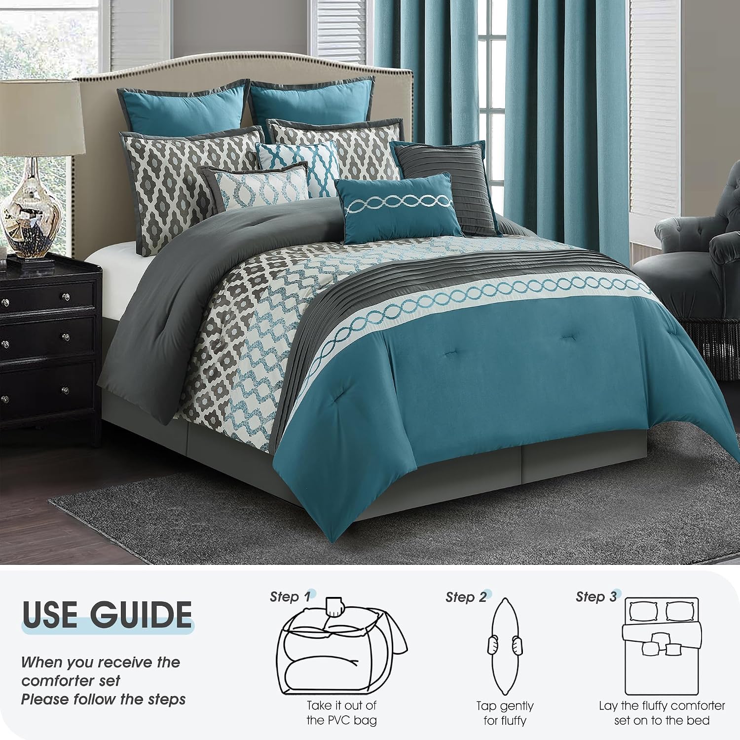 LANCO MODERN LIFESTYLE California King Comforter Set, Blue, 12 Piece Room in a Bag All Seasons, Luxury Extreme Comfort Bedding Sets with Curtains, Bedskirt, Pillow Shams, Euro Shams and Decor Pillows