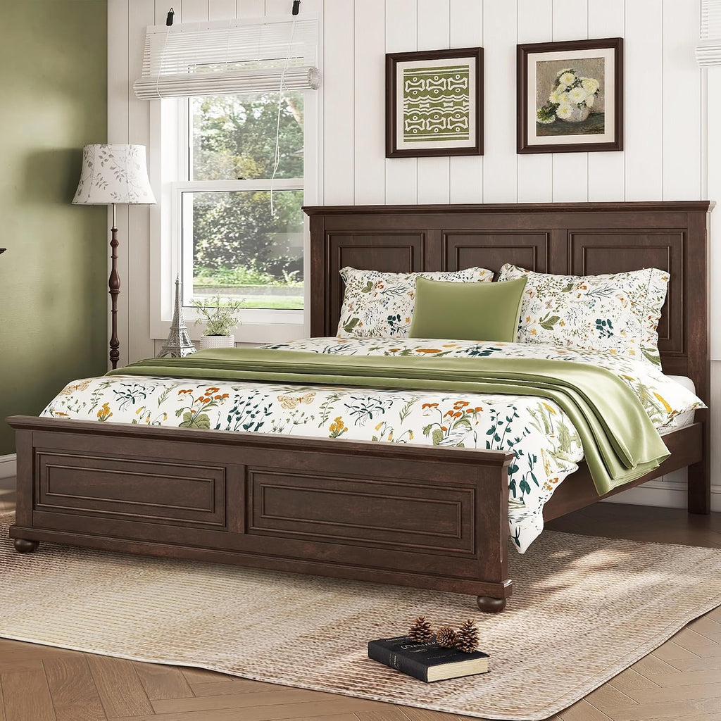 Mirightone Wood King Bed Frame with Tall Headboard and Footboard, Rustic King Panel Bed with Under Bed Storage, Farmhouse Style, Noise-Free, No Box Spring Needed, Antique Brown
