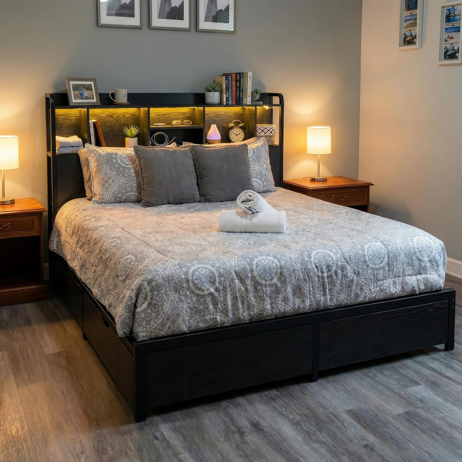 Homkdom Queen Bed Frame with Storage Headboard & 4 Large Drawers Bed Frame Queen Size with 51' Tall Headboard 9 Compartments Led Lights & Charging Station,No Box Spring Needed, No Noise,Black