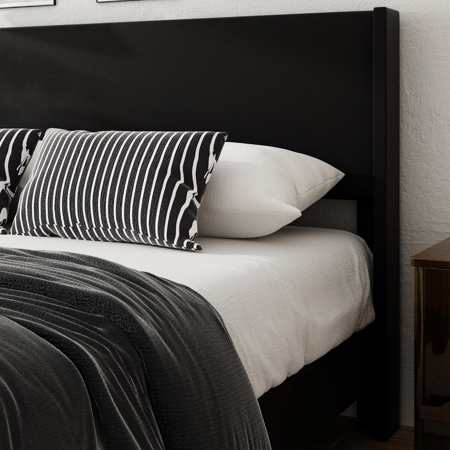 Queen Bed Frame with Faux Leather Upholstered Headboard, Wear-Resistant, Easy Clean, Mattress Foundation, No Box Spring Required, Easy Assembly, Black