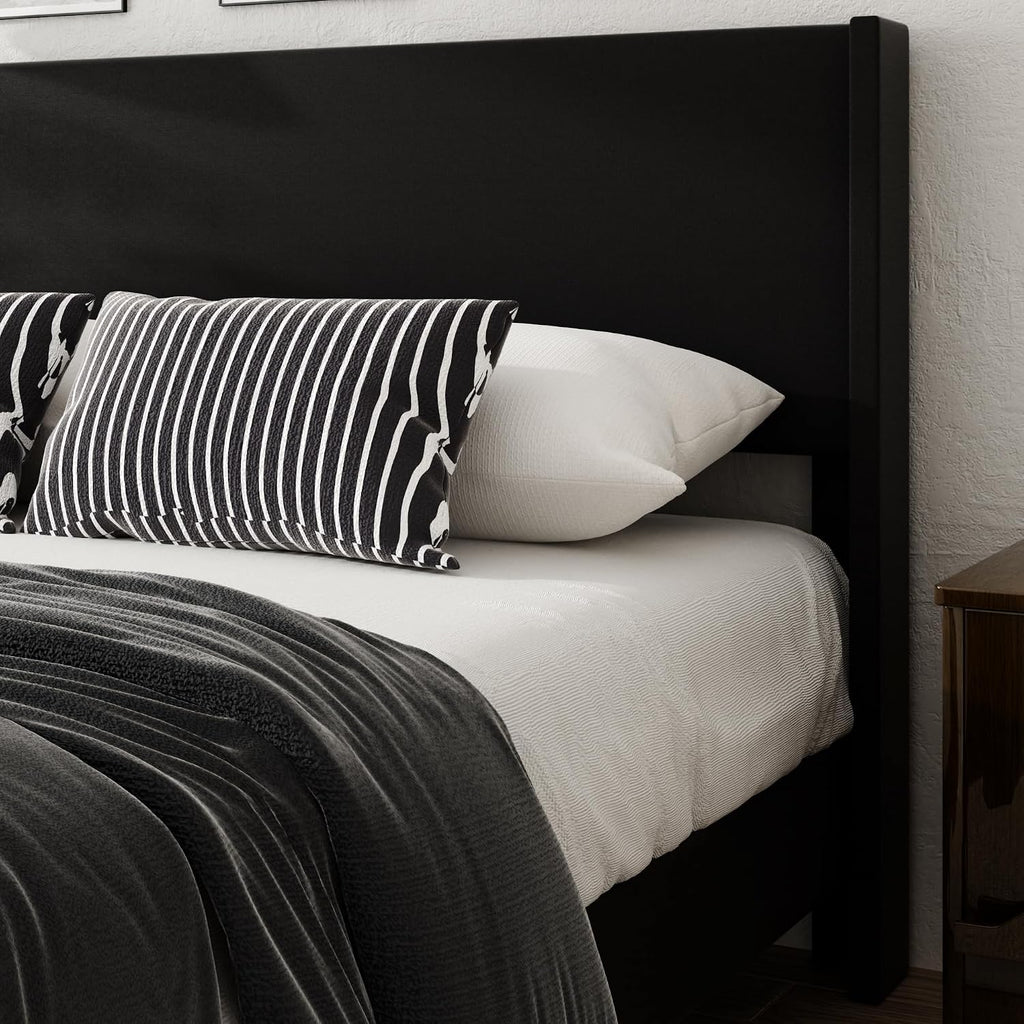 Full Size Bed Frame with Faux Leather Upholstered Headboard, Wear-Resistant, Easy Clean, Mattress Foundation, No Box Spring Required, Easy Assembly, Black