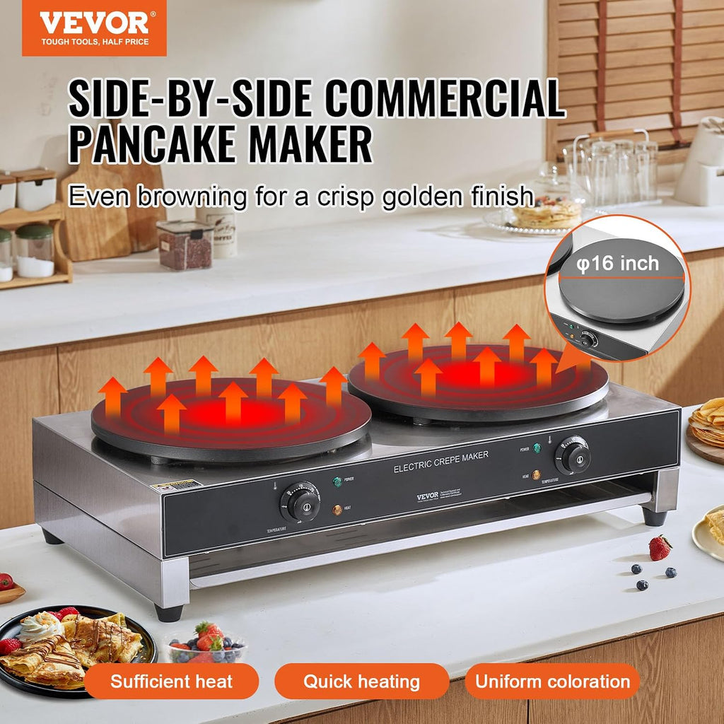 VEVOR Electric Crepe Maker, 16-Inch Double Head Commercial Crepe Machine, 3400W Flat Plate Crepe Griddle, Nonstick Stainless Steel Pancake Making, Desktop Circular Cereals Pancake Stove, AC120V 60Hz
