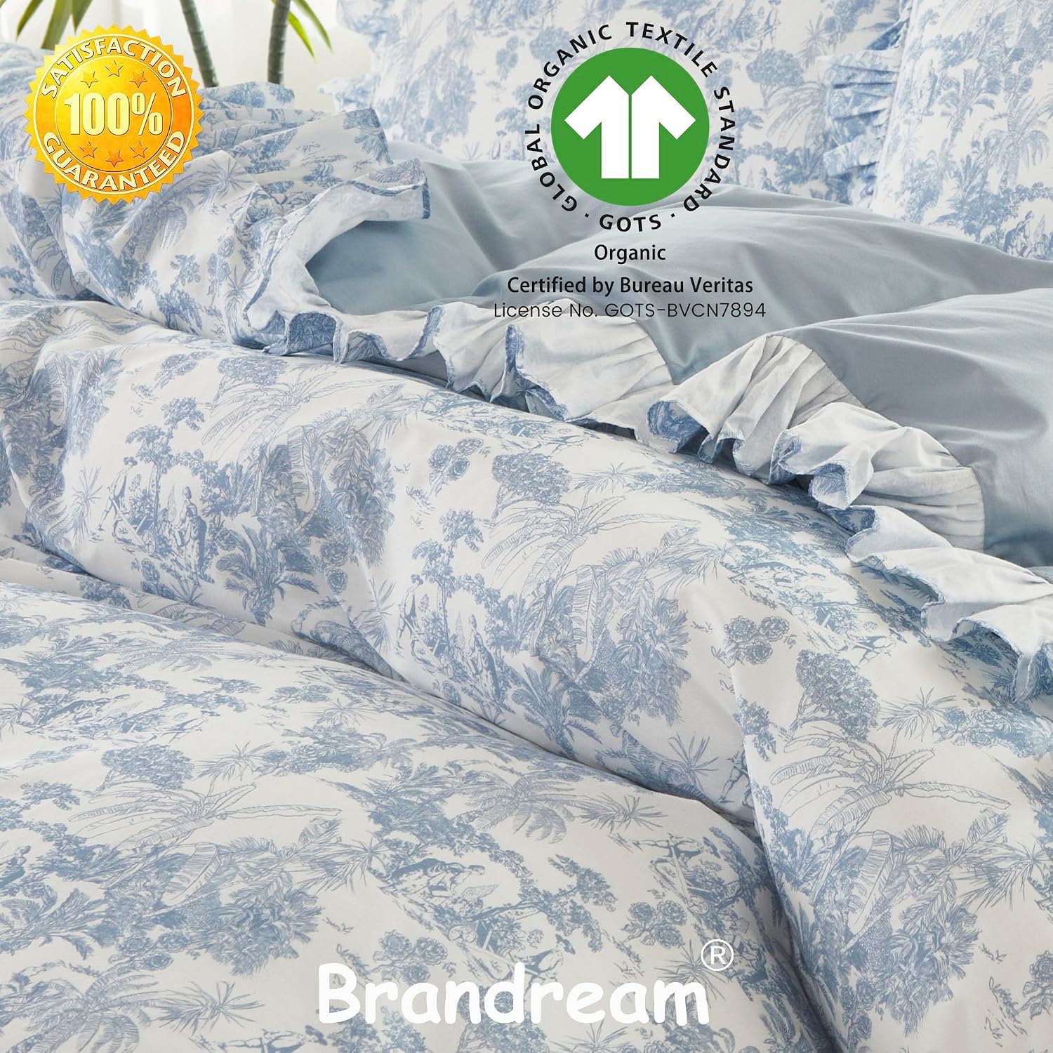 Brandream French Country Toile Duvet Cover Set Full Size for Girl Women 100% Cotton Luxury Cottagecore Bedroom Decor Blue French Toile Botanical Print Bedding with Romantic Ruffled Trim