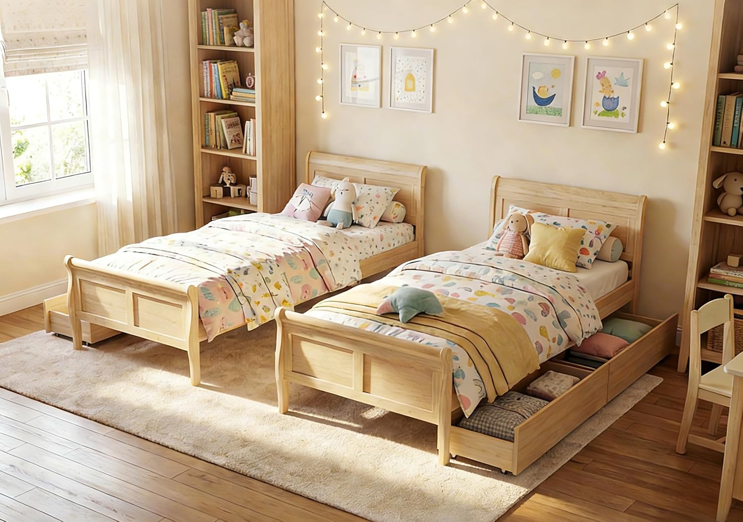 KOMFOTT 2 Twin Bed with 2 Drawers, Twin Storage Bed with Headboard for Bedroom, Sleigh Wood Bed Frame with Wooden Slats Support for Kids, Teens, Adults, No Box Spring Needed (Natural)