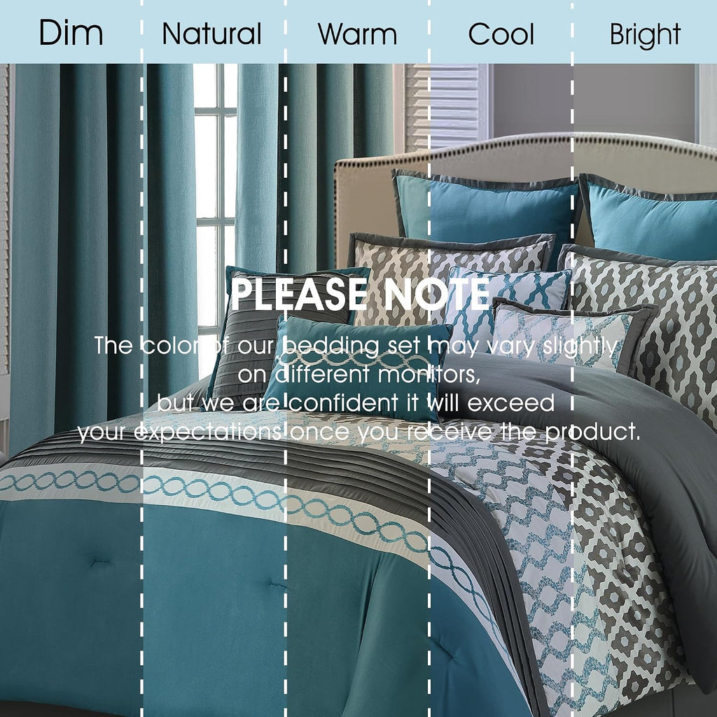 LANCO MODERN LIFESTYLE California King Comforter Set, Blue, 12 Piece Room in a Bag All Seasons, Luxury Extreme Comfort Bedding Sets with Curtains, Bedskirt, Pillow Shams, Euro Shams and Decor Pillows