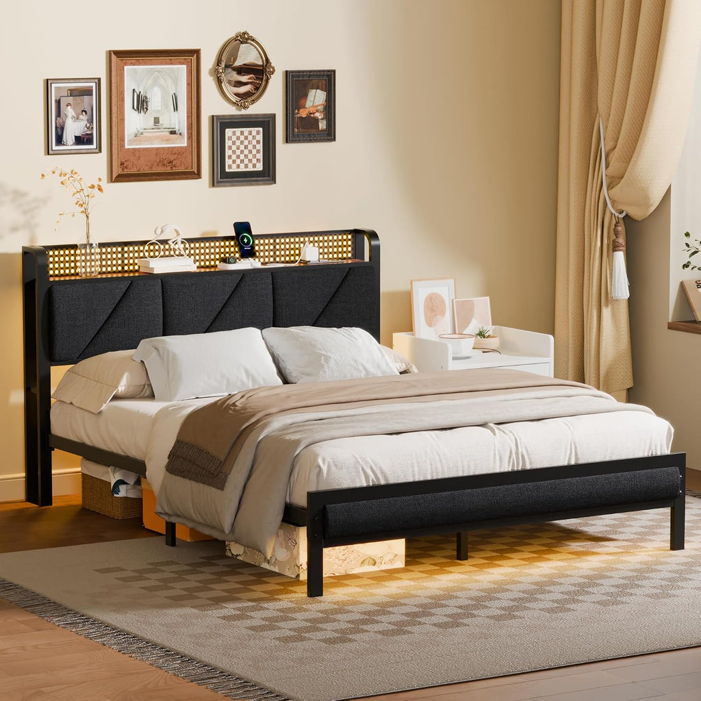 Furnulem Queen Bed Frame with Headboard and Storage Shelf, LED Light and Charging Station, Metal Platform Bed with Heavy Duty Slats, No Box Spring Needed, Noise Free & Easy Assembly