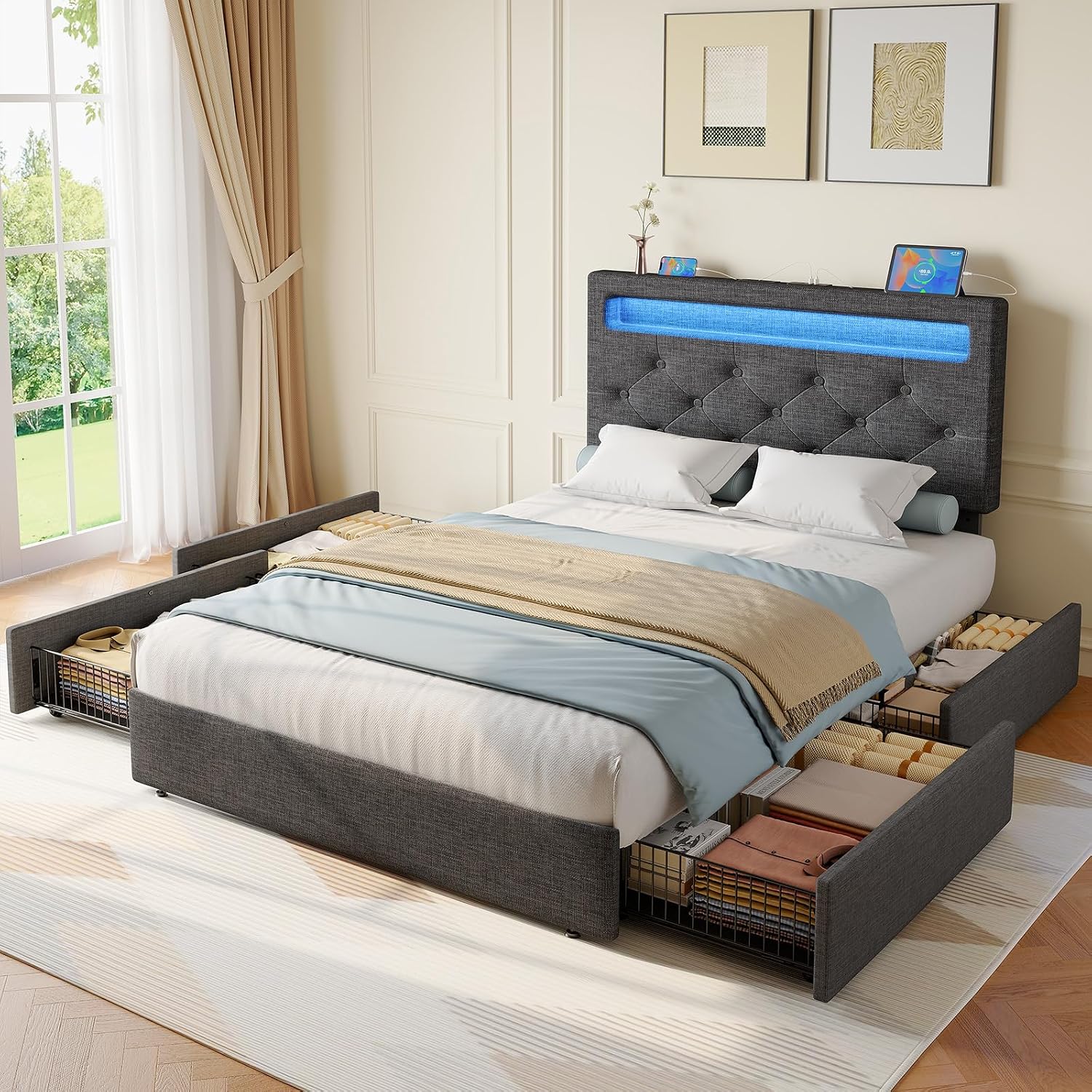 Rolanstar Twin Bed Frame with 4 Storage Drawers and Charging Station,Twin Bed with Led Lights, 2 USB & 1 Type C, Adjustable Headboard 38.9/40.8 Inches, No Box Spring Needed, Grey