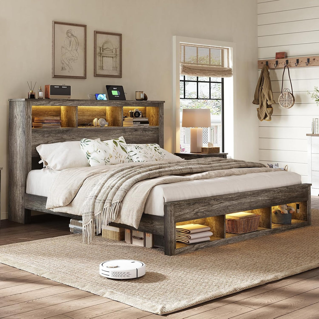 Albott Farmhouse King Size Bed Frame with Storage/Bookcase Headboard & Footboard, Wood Platform Bed with LED Lights/Charging Station, Heavy-Duty Metal Support/No Box Spring Needed/Noise-Free, Gray