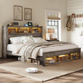 Albott Farmhouse King Size Bed Frame with Storage/Bookcase Headboard & Footboard, Wood Platform Bed with LED Lights/Charging Station, Heavy-Duty Metal Support/No Box Spring Needed/Noise-Free, Gray