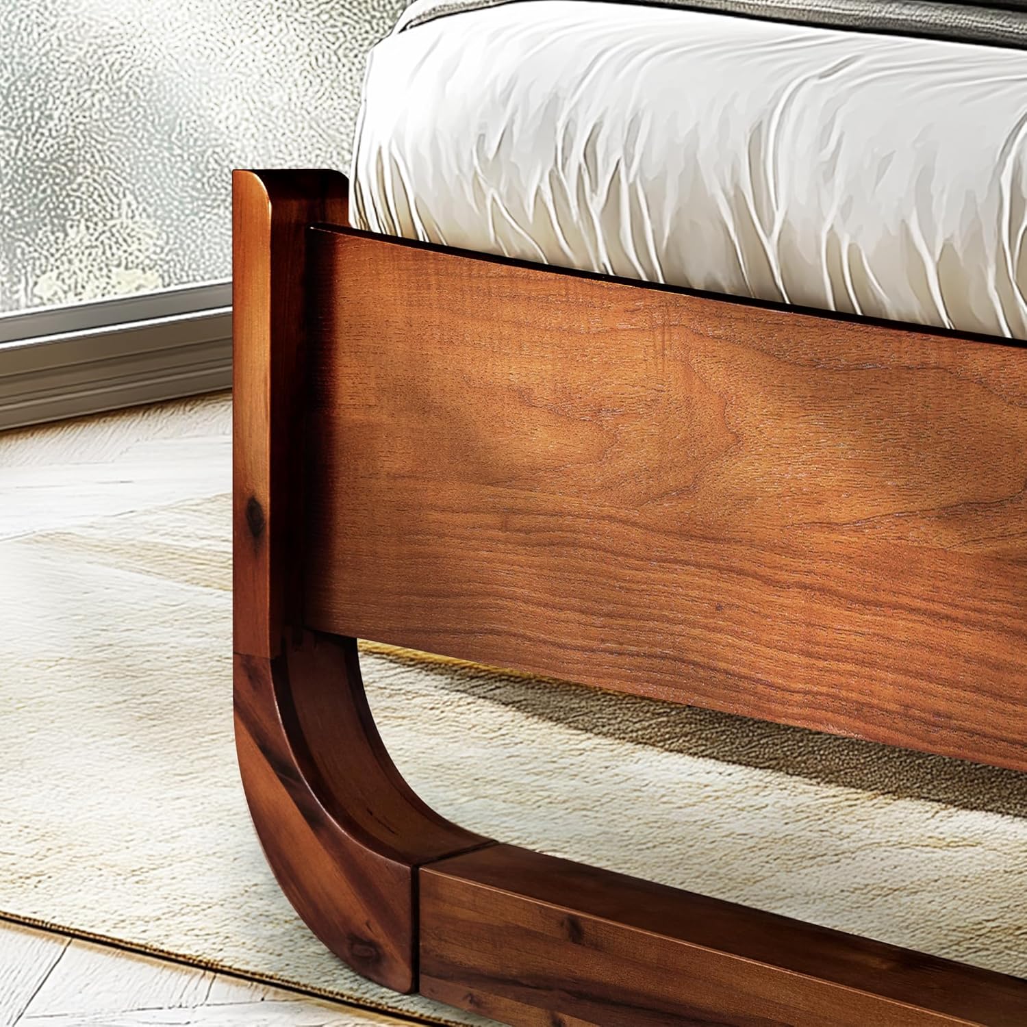 Sunset Deluxe Solid Acacia Wood Queen Size Platform Bed Frame with Tall Headboard, Mid-Century & Art Deco Design, No Box Spring Needed, Strong Wood Slat Support, Easy Assembly, Walnut