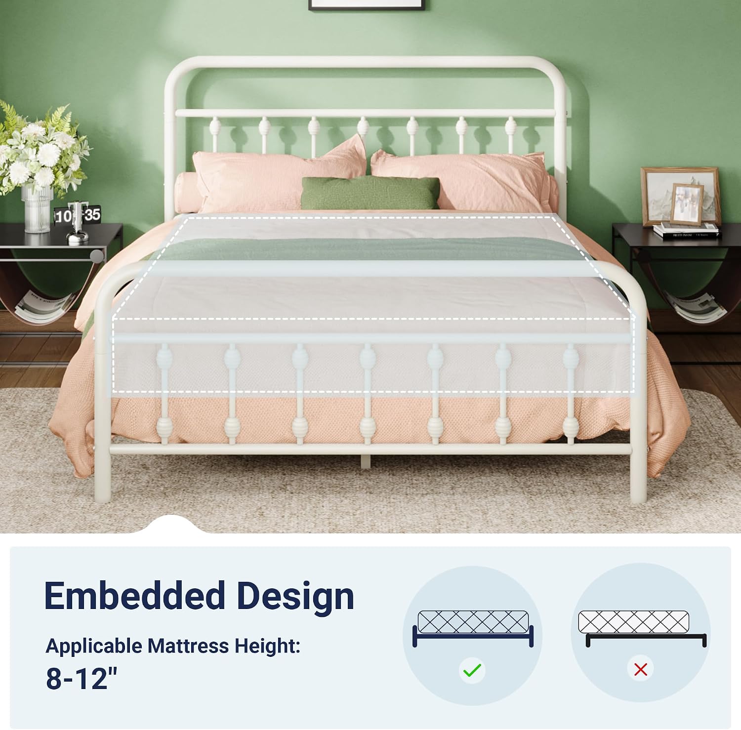 Allewie 14 Inches Full Size Metal Platform Bed Frame with Victorian Style Iron-Art Headboard/Footboard, Mattress Foundation, Easy Assembly, Under Bed Storage, No Box Spring Required, Off White