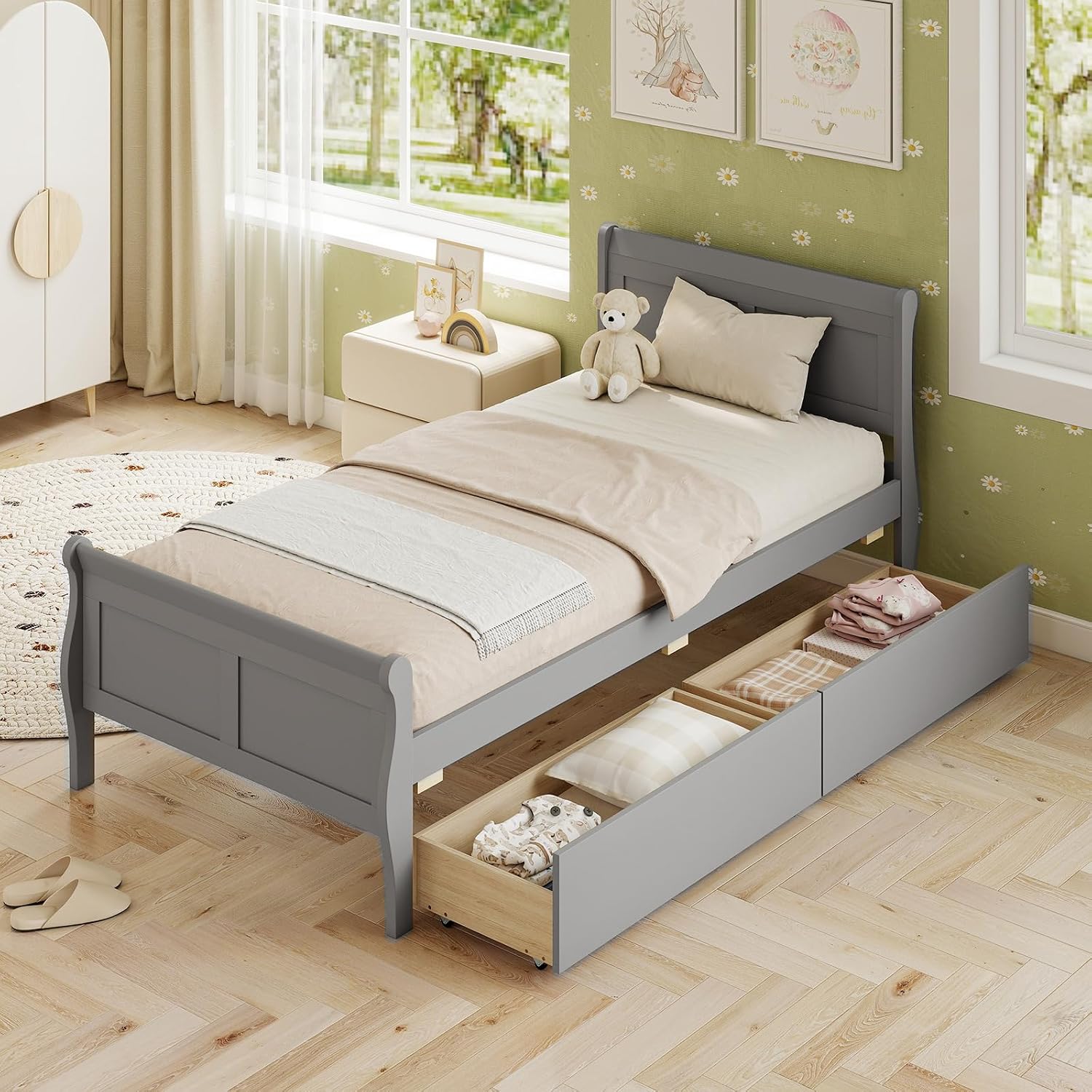 KOMFOTT 2 Twin Bed with 2 Drawers, Twin Storage Bed with Headboard for Bedroom, Sleigh Wood Bed Frame with Wooden Slats Support for Kids, Teens, Adults, No Box Spring Needed (Grey)