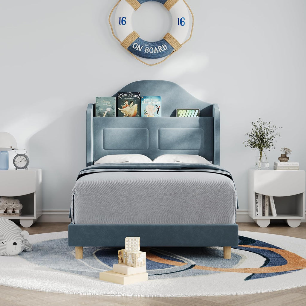 GarveeHome Twin Bed Frame for Kids, Upholstered Velvet Platform Bed for Boys/Girls with Wingback, Storage Bookcase Headboard & LED Lights, No Box Spring Needed, Noise-Free, Easy Assembly, Blue