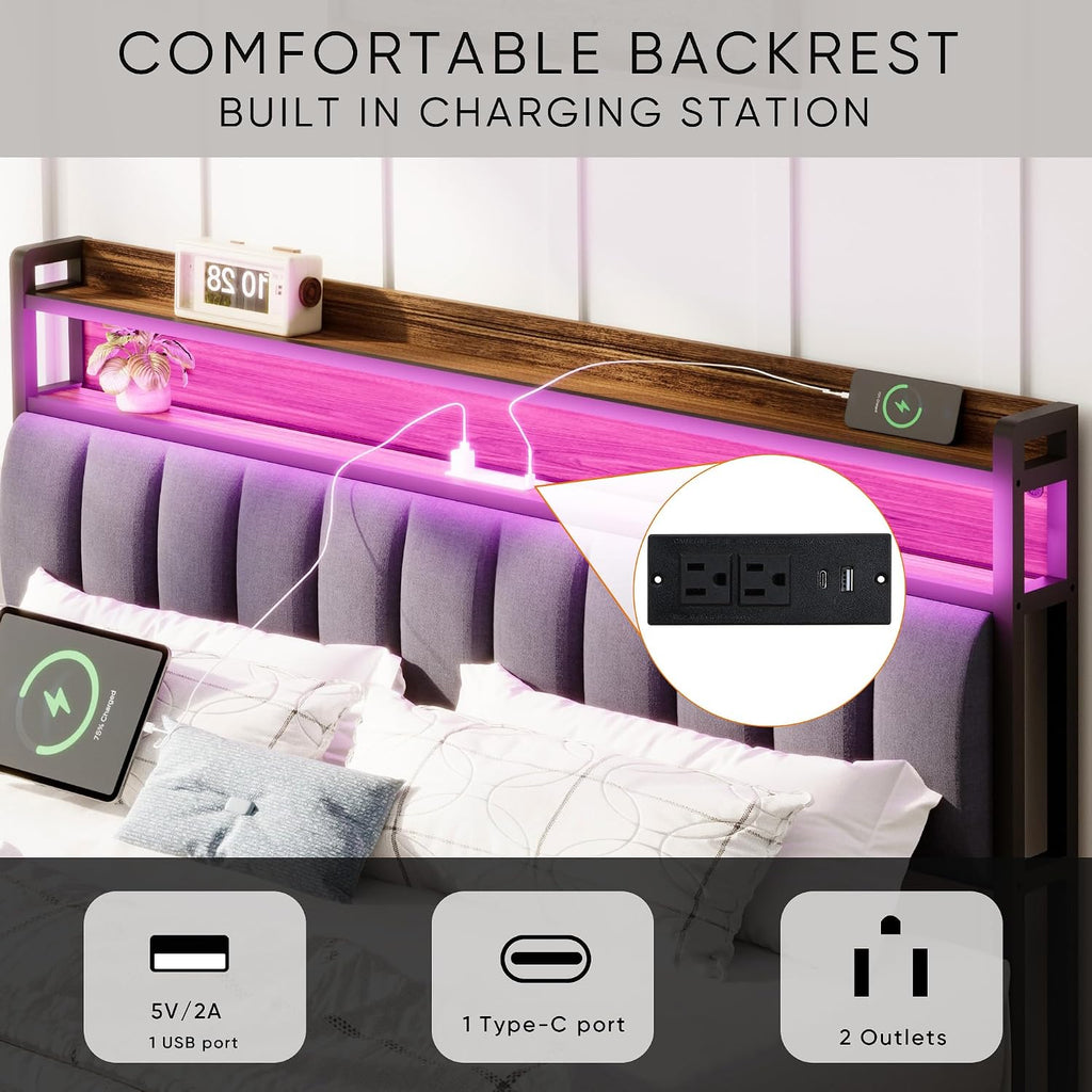 Ailisite Upholstered Full Size Bed Frames with 2 Tier Storage Headboard, LED Bed Frame with 2 Storage Drawers, Grey Platform Bed Frame with Charging Station & Typ-C Charging Port, No Box Spring Needed