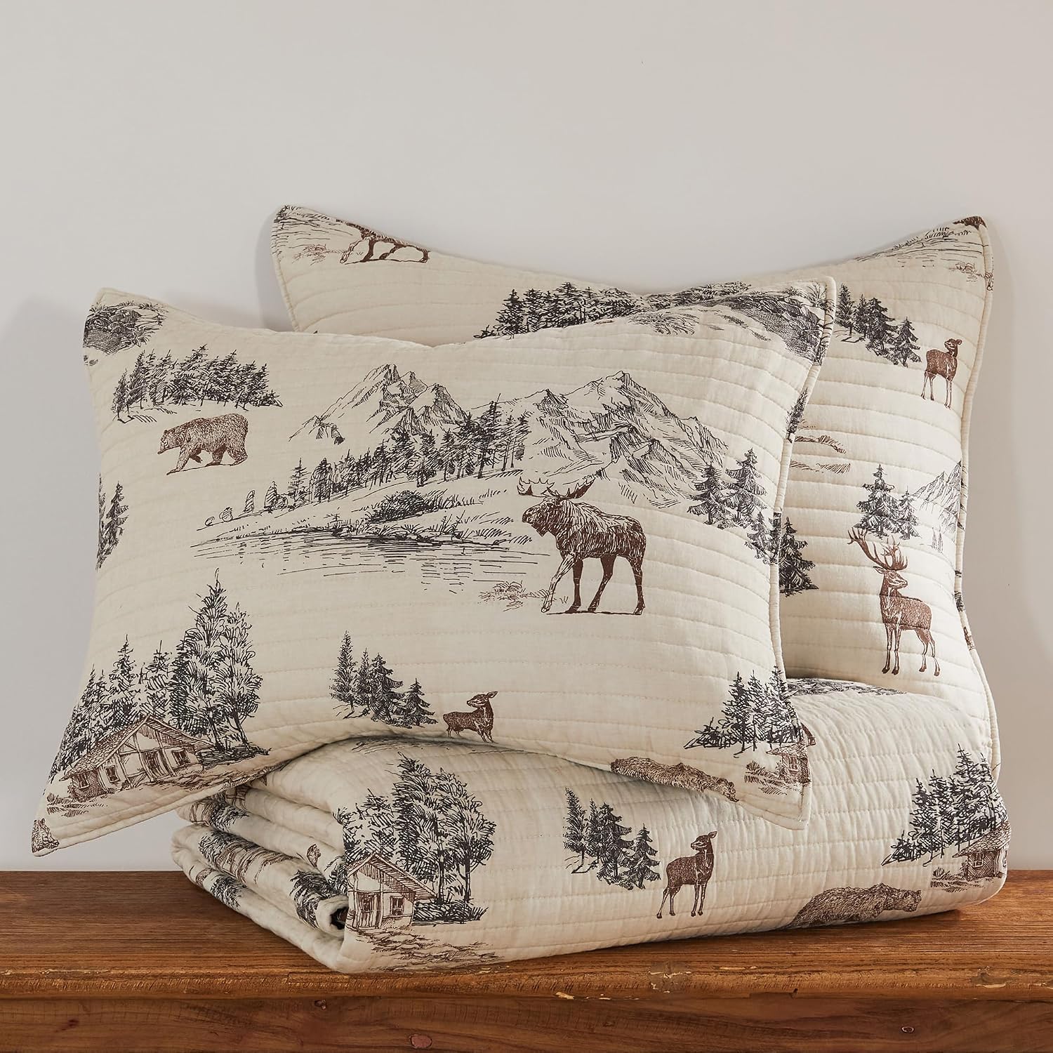 Levtex Home - Lodge Toile Quilt Set - King Quilt and Two King Shams - Mountain Lodge - Brown Cream Charcoal - Quilt (106x92in.) and Shams (20x36in.) - Reversible - Cotton