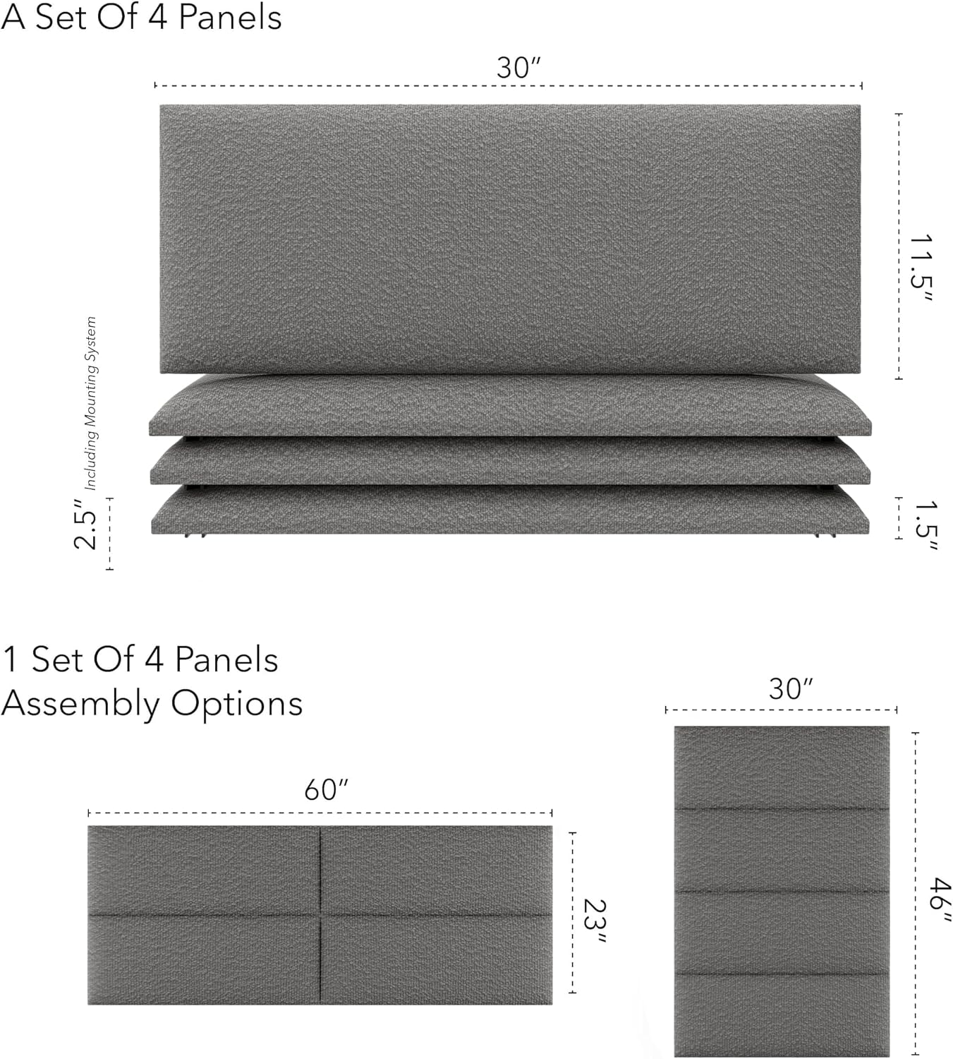 Vänt Upholstered Wall Panels - Queen/Full Size Wall Mounted Headboards - Boucle Grey - Set of 4 Panels (Each Individual Panel 30'x11.5')