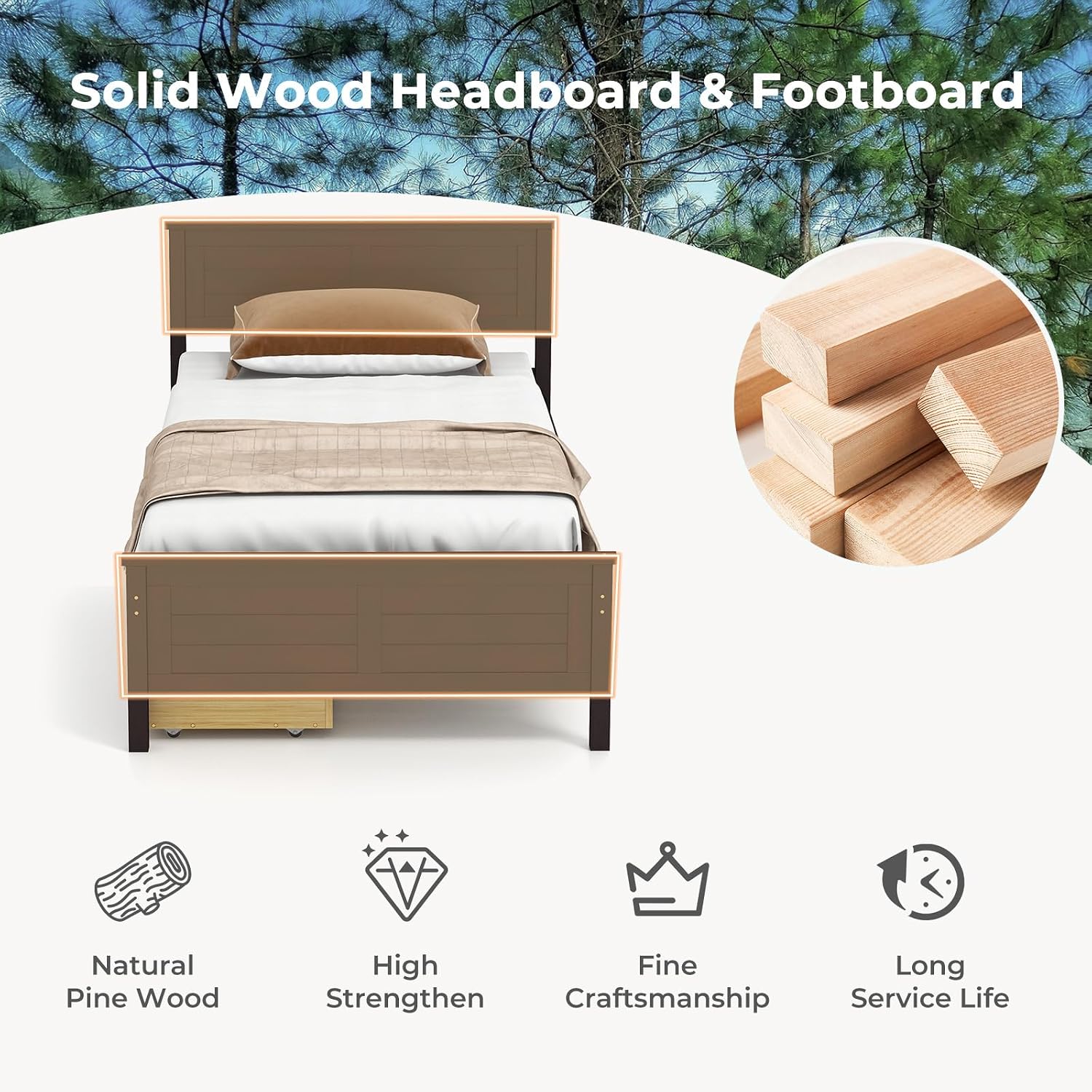 Giantex Wood Twin Bed with 2 Storage Drawers, Solid Wood Platform Bed with Headboard, Wooden Slats Support Mattress Foundation, No Spring Needed, Twin Bed Frame for Kids, Teens, Adults, Espresso
