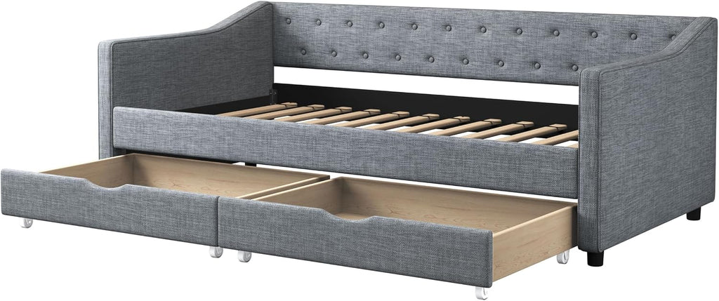 Ball & Cast Twin Size Daybed with Two Drawers and Linen Upholstered,Wood Bed Frame w/Button Tufted Back and Waved Shape Arms,Slats Support,for Apartment,Bedroom,Light Grey