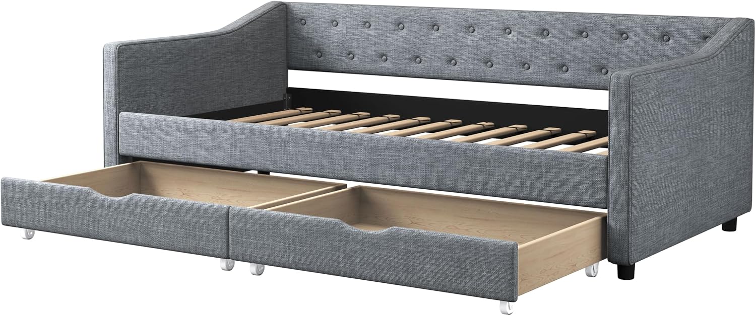 Ball & Cast Twin Size Daybed with Two Drawers and Linen Upholstered,Wood Bed Frame w/Button Tufted Back and Waved Shape Arms,Slats Support,for Apartment,Bedroom,Light Grey