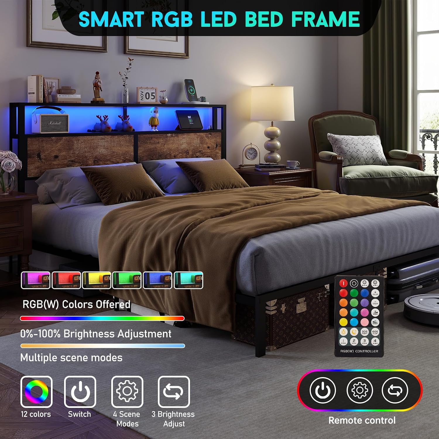 King Size Bed Frame with Headboard, Metal Platform Bed Frame with LED Lights & Charging Station, Under Bed Storage, Solid and Stable, No Box Spring Needed, Noise Free, Easy Assembly, Vintage Brown