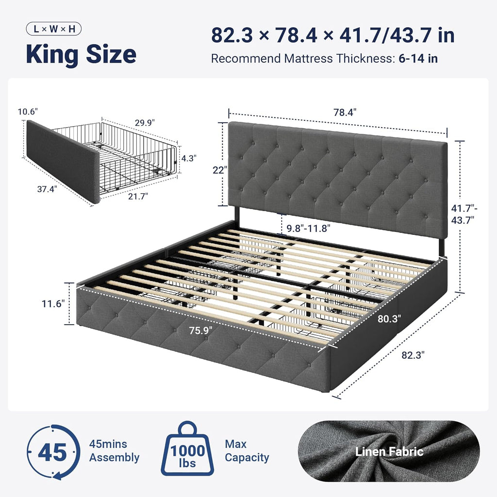 Allewie Upholstered King Size Platform Bed Frame with 4 Storage Drawers and Headboard, Diamond Stitched Button Tufted, Mattress Foundation with Wooden Slats Support, No Box Spring Needed, Light Grey