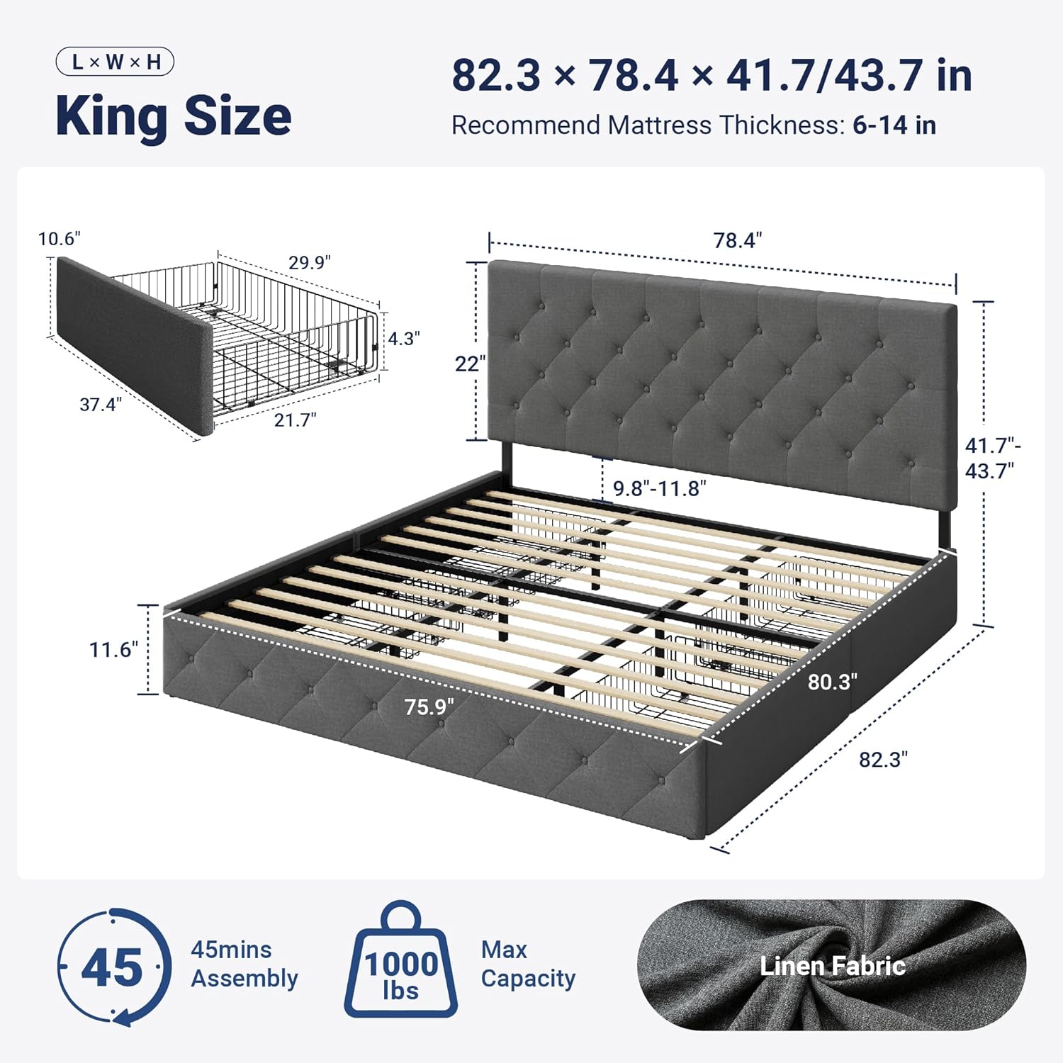 Allewie Upholstered King Size Platform Bed Frame with 4 Storage Drawers and Headboard, Diamond Stitched Button Tufted, Mattress Foundation with Wooden Slats Support, No Box Spring Needed, Light Grey