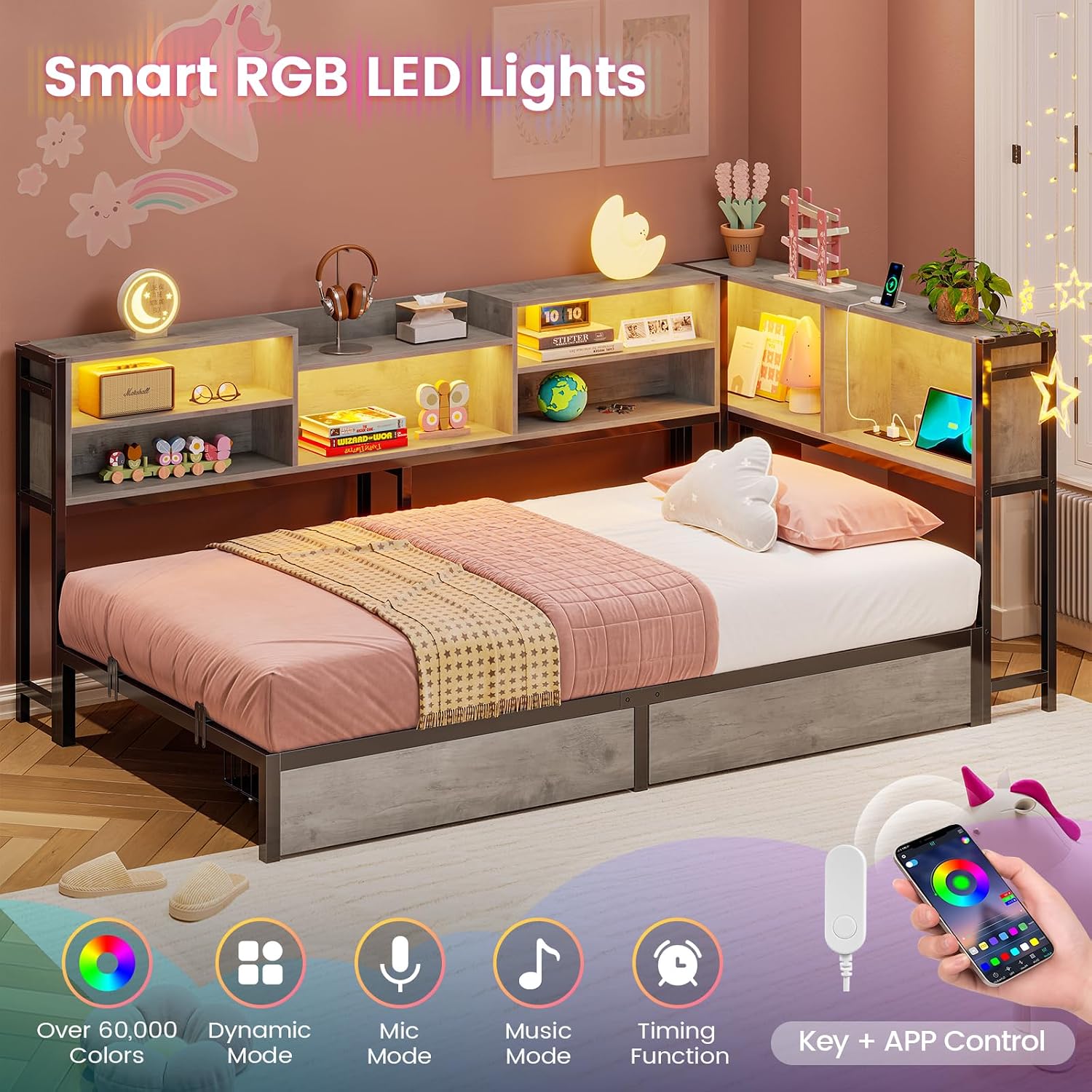 Hasuit Corner Bed Frame Twin with 2 Drawers and Storage Bookcase, Daybed with Charging Station and LED Lights, Metal Platform Bed with Bookshleves,Twin Size Bed Frame for Kids Teens Guests, Oak Gray