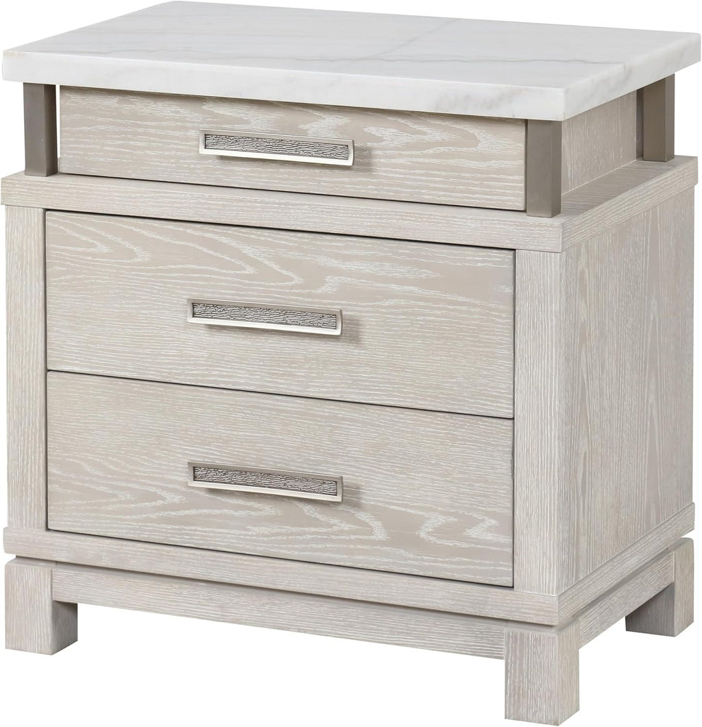 Furniture of America Bailer Modern Solid Wood 6-Piece Bedroom Set with LED on Headboard, Stainless Steal Posts and Marble Top on Nightstand, Box Spring Needed, King, Weathered Gray