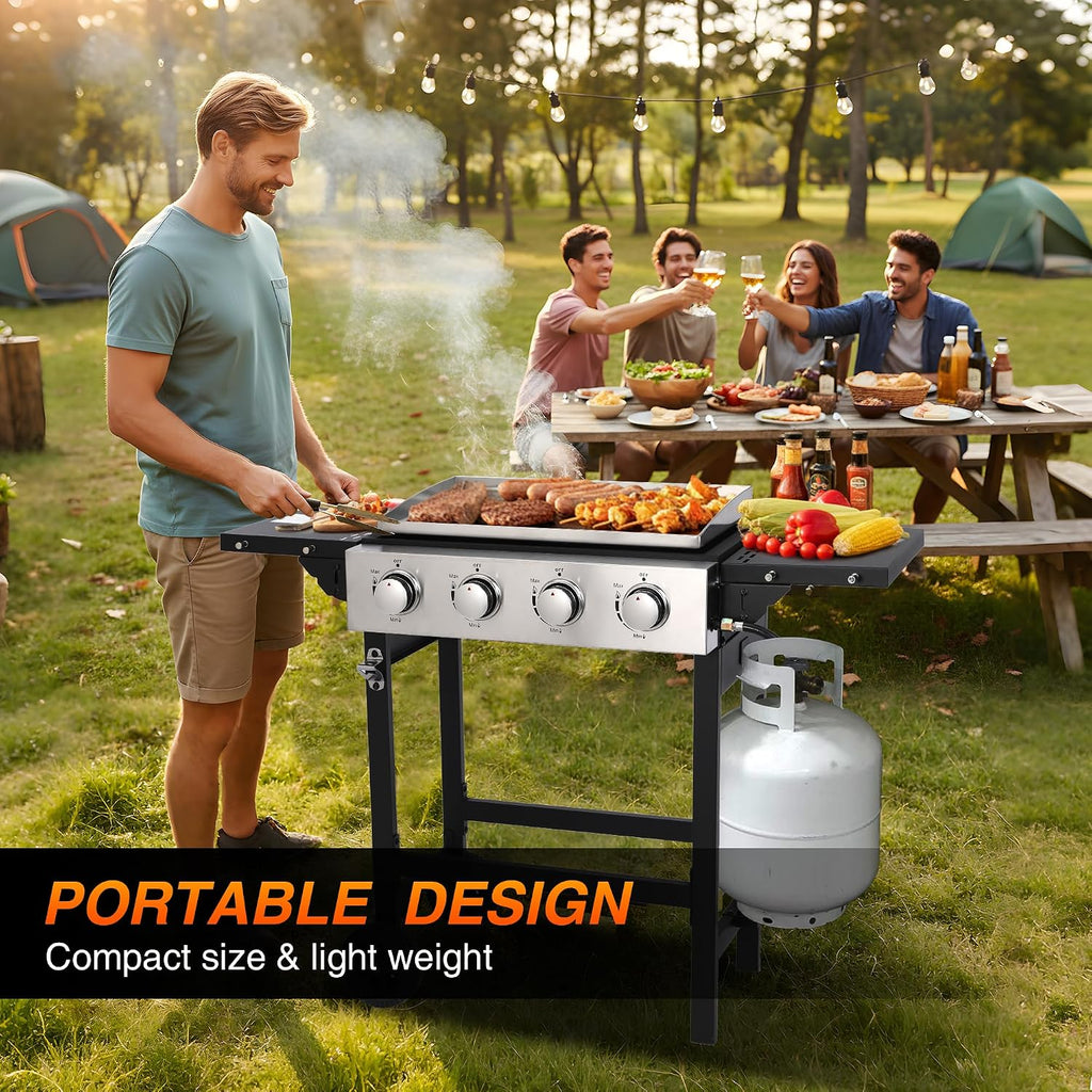 4 Burner Propane Flat Top Grill, 22 Inch Stainless Steel Griddle with Detachable Tabletop & Cart, Portable BBQ Cooker with Side Shelf & 2 Wheels, Dust Cover & Hose for Camping Tailgating