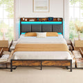 Rolanstar Bed Frame Full Size with Charging Station and LED Lights, Upholstered Storage Headboard with Drawers, Heavy Duty Metal Slats, No Box Spring Needed, Easy Assembly, Rustic Brown