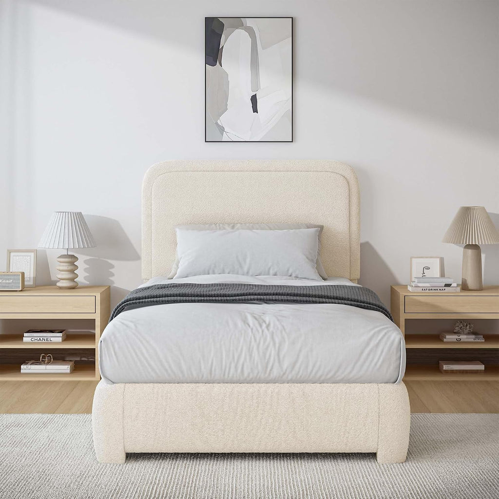 BarnFurin Twin Size Bed Frame,Cloud Boucle Upholstered Platform Bed Frame with Headboard, Soft Rounded Corners, No Box Spring Required, Non-Slip and Noise-Free, Easy Assembly, Cream