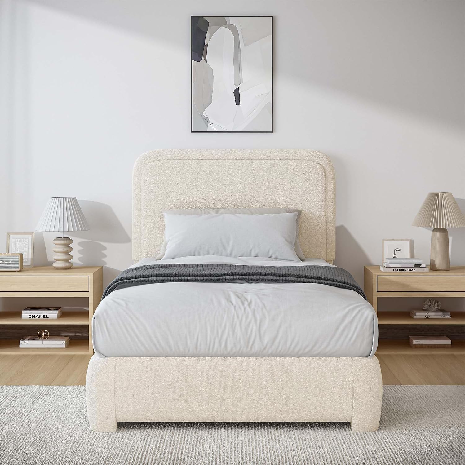 BarnFurin Twin Size Bed Frame,Cloud Boucle Upholstered Platform Bed Frame with Headboard, Soft Rounded Corners, No Box Spring Required, Non-Slip and Noise-Free, Easy Assembly, Cream