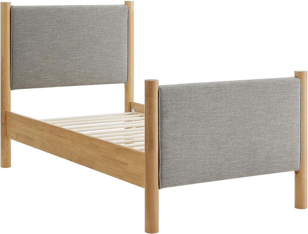 Modway Maven Twin Size Bed Frame in Wheat Oak with Upholstered Fabric Headboard and Footboard – Wood Twin Platform Bed Frame – No Box Spring Needed