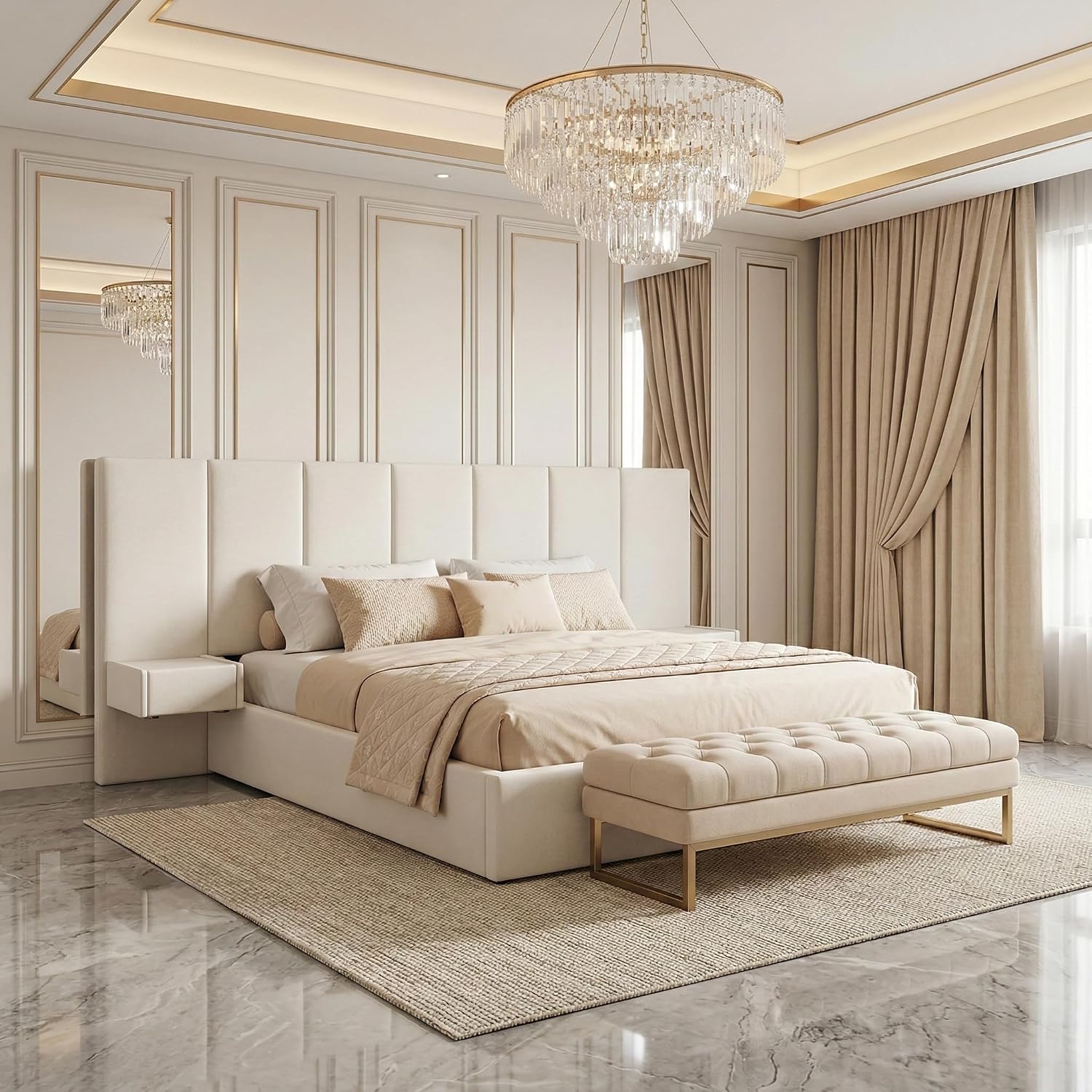 King Size Upholstered Platform Bed Frame with Lift-Up Storage, Velvet Headboard & Built-in Nightstands, No Box Spring Needed, Beige