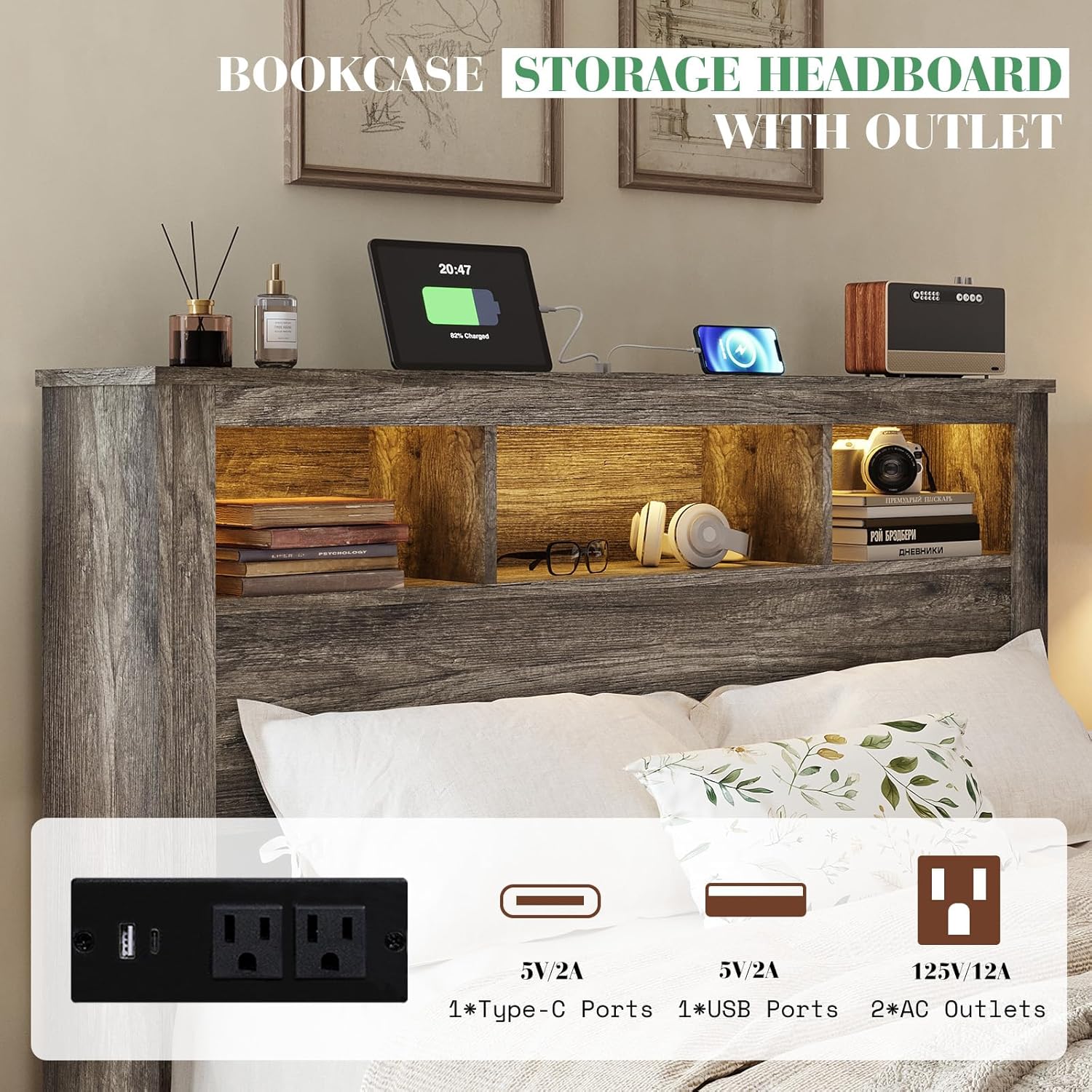 Albott Farmhouse Queen Size Bed Frame with Storage/Bookcase Headboard & Footboard, Wood Platform Bed with LED Lights/Charging Station, Heavy-Duty Metal Support/No Box Spring Needed/Noise-Free, Gray