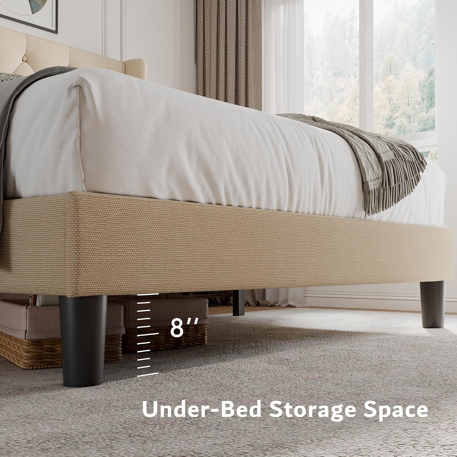 iPormis Full Size Platform Bed Frame with Button Tufted Headboard, Upholstered Bed Frame with Solid Wooden Slats, 8' Underbed Space, No Box Spring Needed, Noise Free, Easy Assembly, Beige
