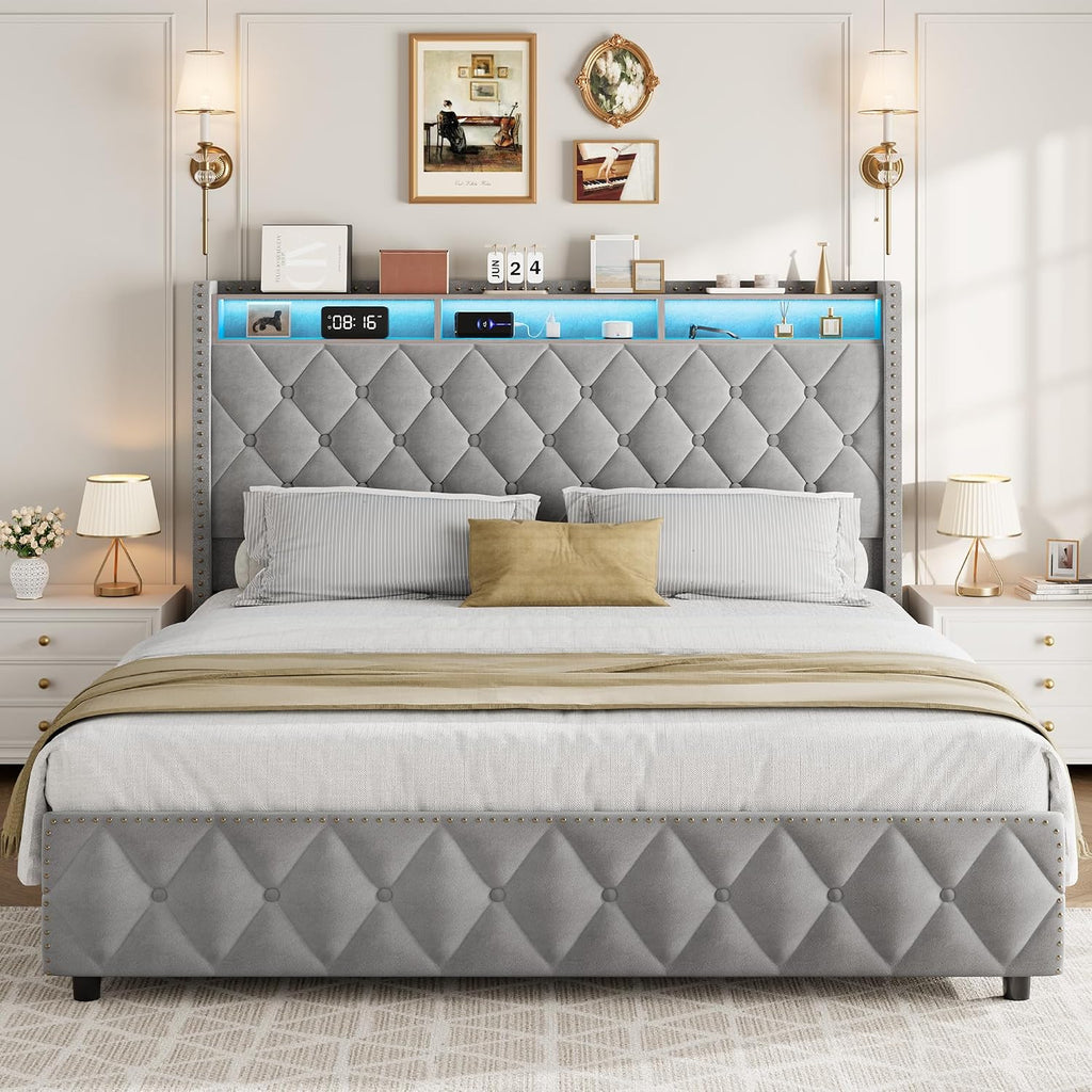 GarveeHome King Size Bed Frame with 50.8' Tall Headboard, Platform Velvet Upholstered Bed Frame with 4 Storage Drawers, USB Charging Station, Led Lights, No Box Spring Needed, Easy Assembly, Dark Grey