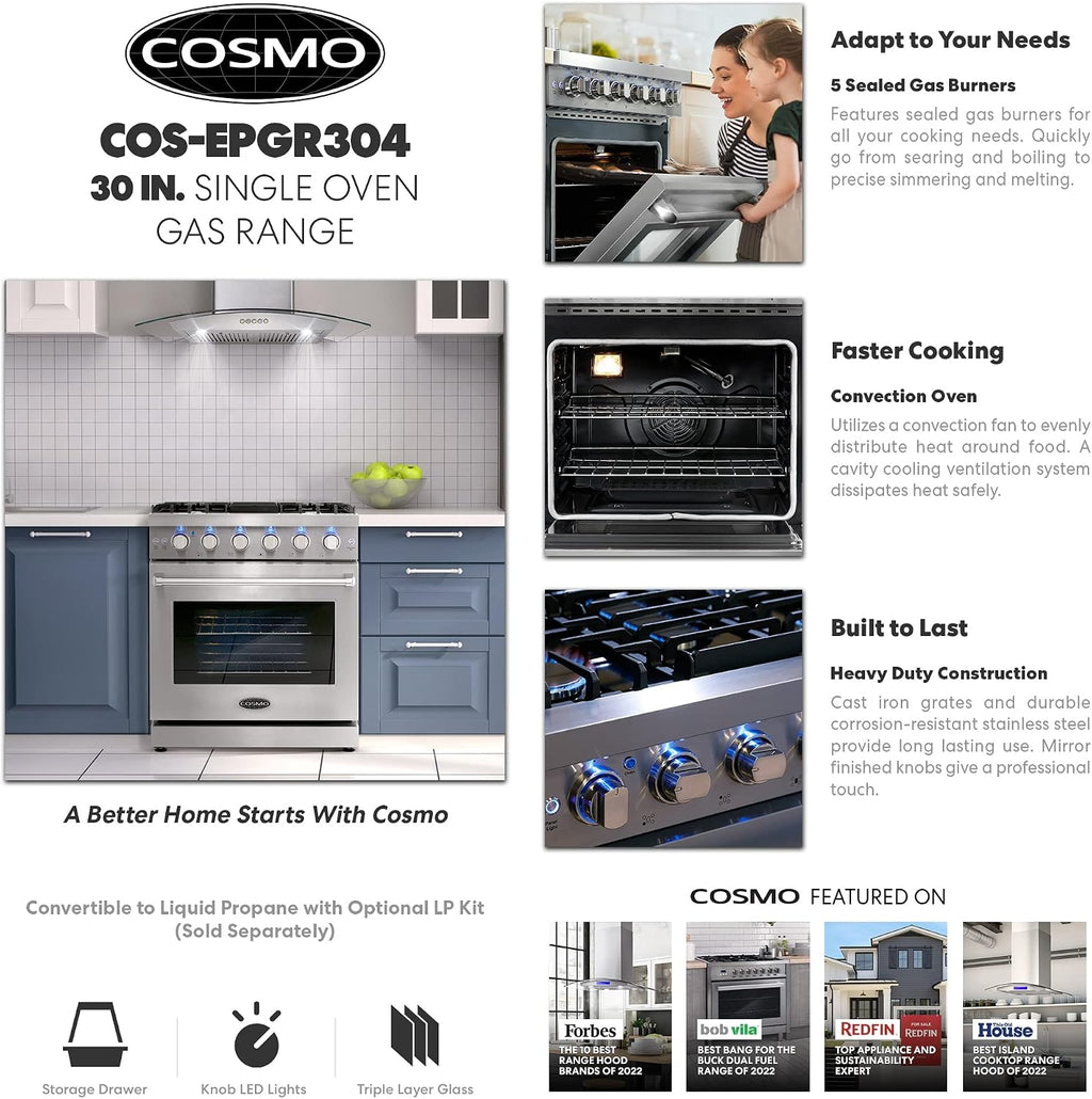 COSMO COS-EPGR304 30 in. Haven Collection 4.5 cu. ft. Gas Range with 5 Sealed Burners, Convection Oven, Knob LED Lights, Stainless Steel