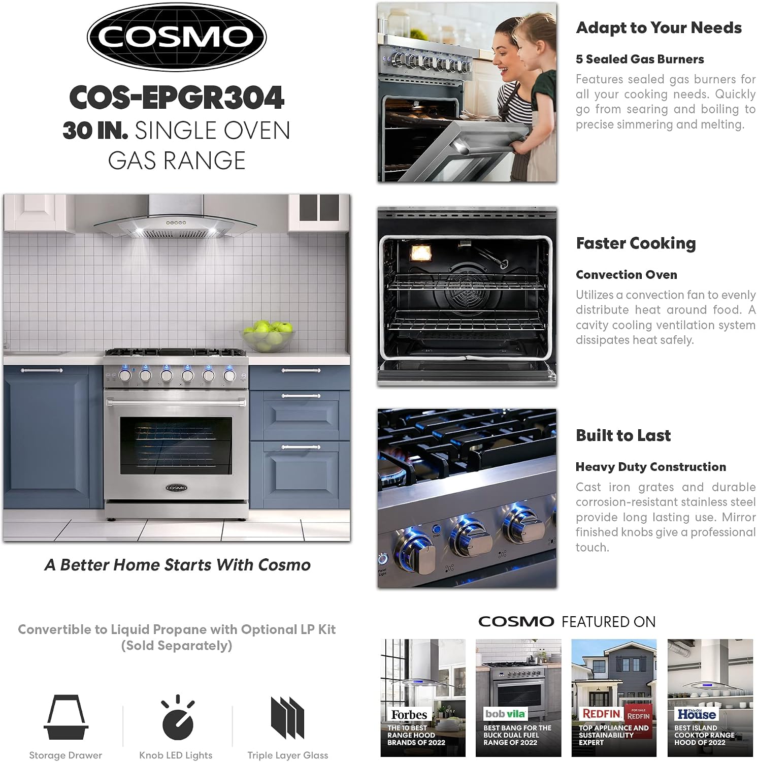 COSMO COS-EPGR304 30 in. Haven Collection 4.5 cu. ft. Gas Range with 5 Sealed Burners, Convection Oven, Knob LED Lights, Stainless Steel
