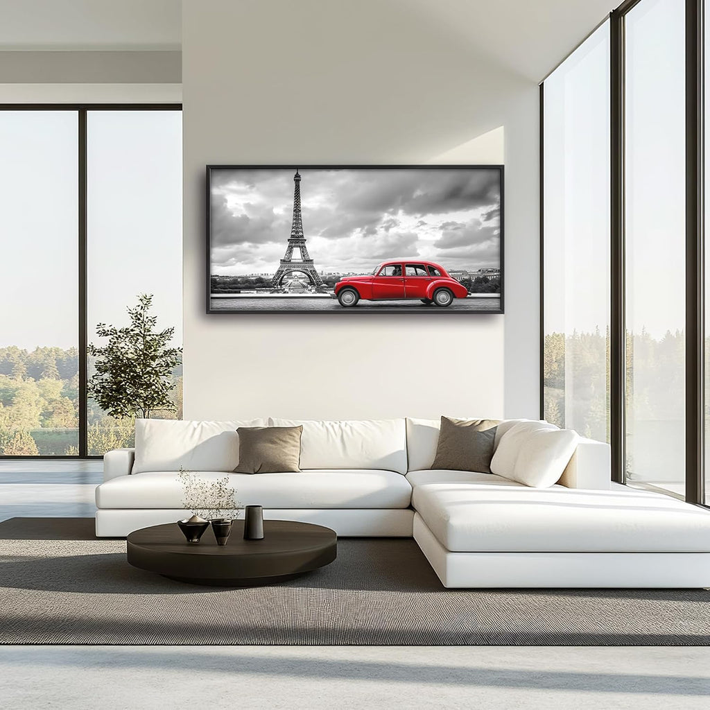 Eiffel Tower Large Wall Art Black and White Framed Red Wall Decor for Living Room Paris City Pictures Oversized Canvas Print Painting Modern Extra Large Framed Artwork for Bedroom Office 60'x30'