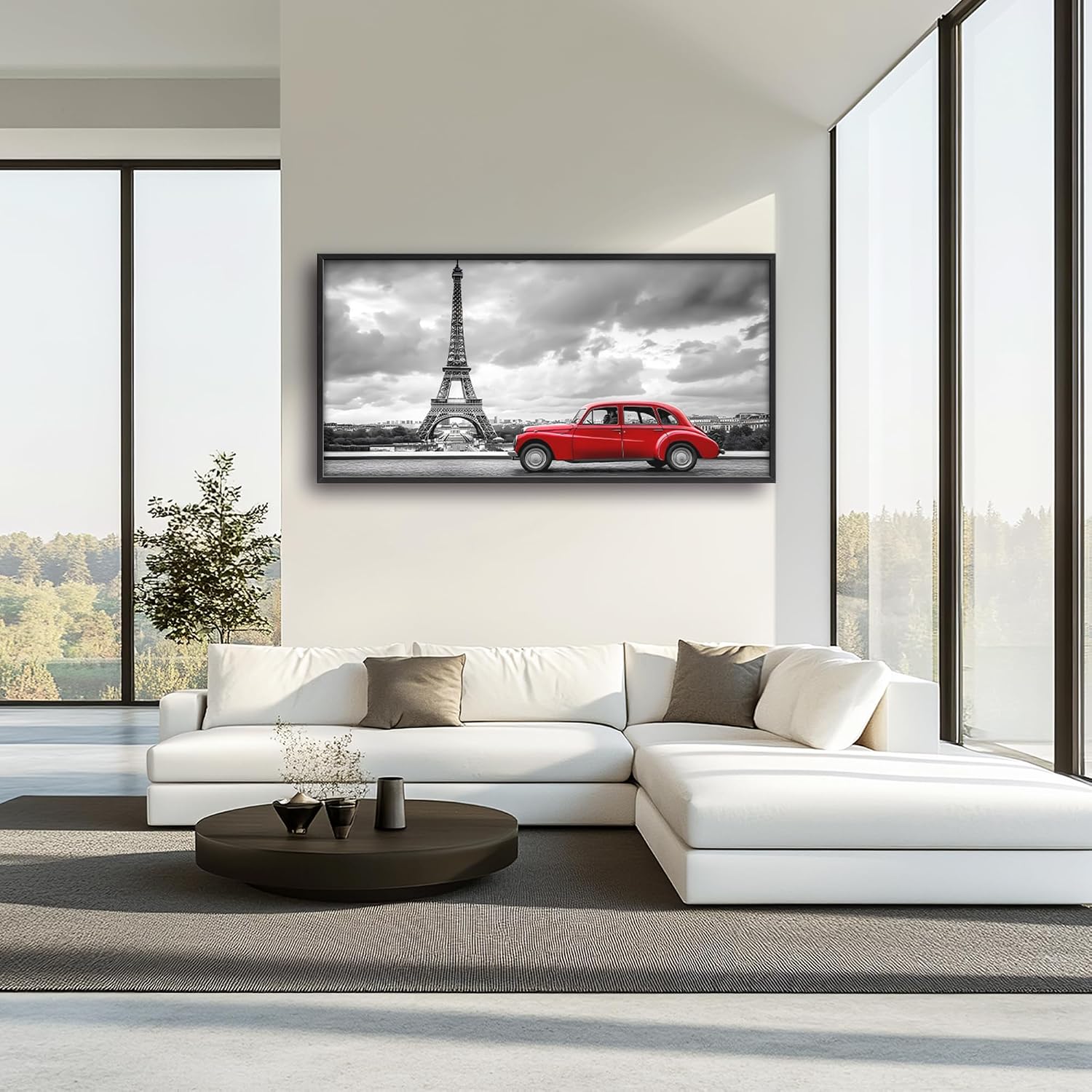Eiffel Tower Large Wall Art Black and White Framed Red Wall Decor for Living Room Paris City Pictures Oversized Canvas Print Painting Modern Extra Large Framed Artwork for Bedroom Office 60'x30'