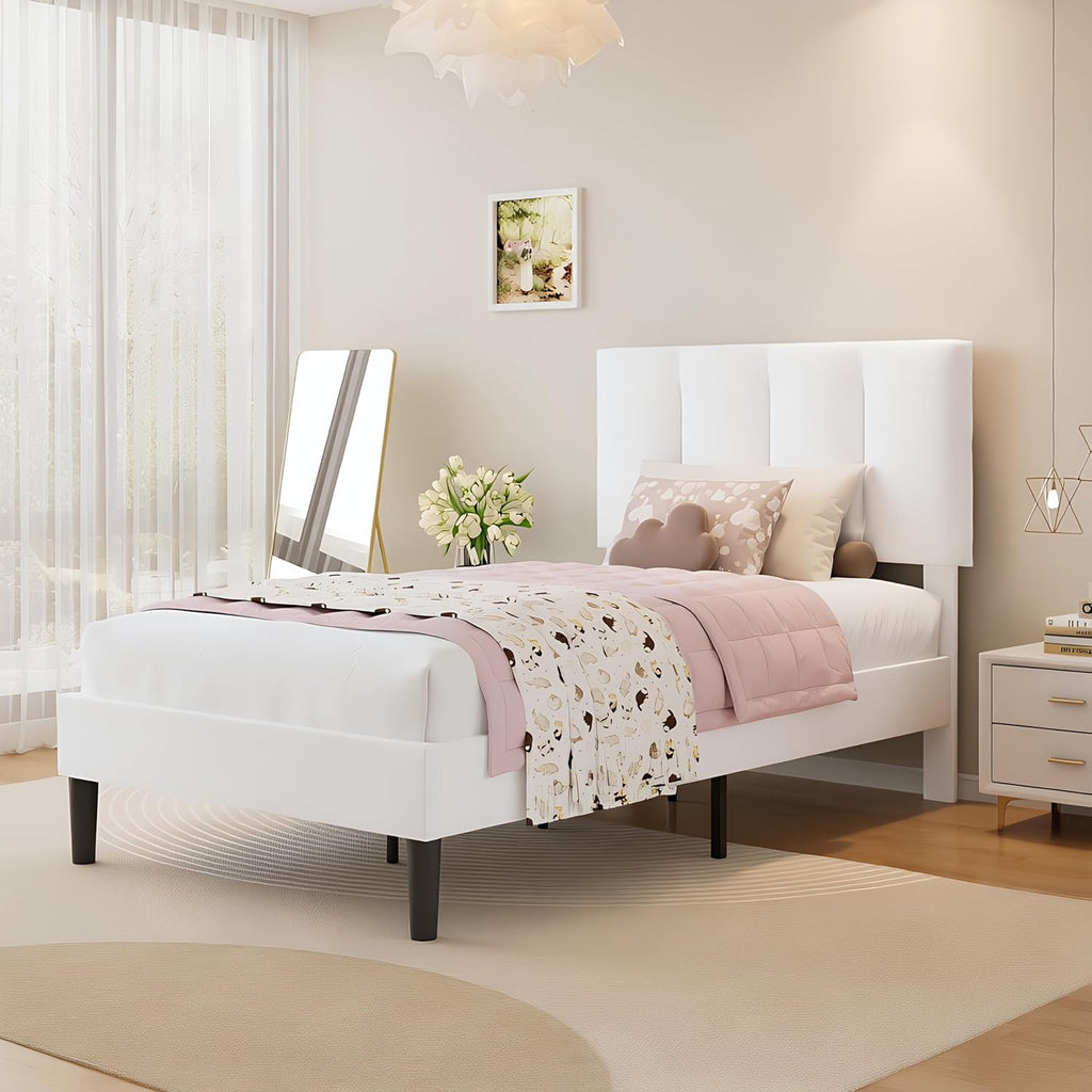 VECELO Twin Size Bed Frame with Upholstered Headboard, Heavy-Duty Bedframe with Wooden Slats & Steel Framework, Easy Assembly, Pure White