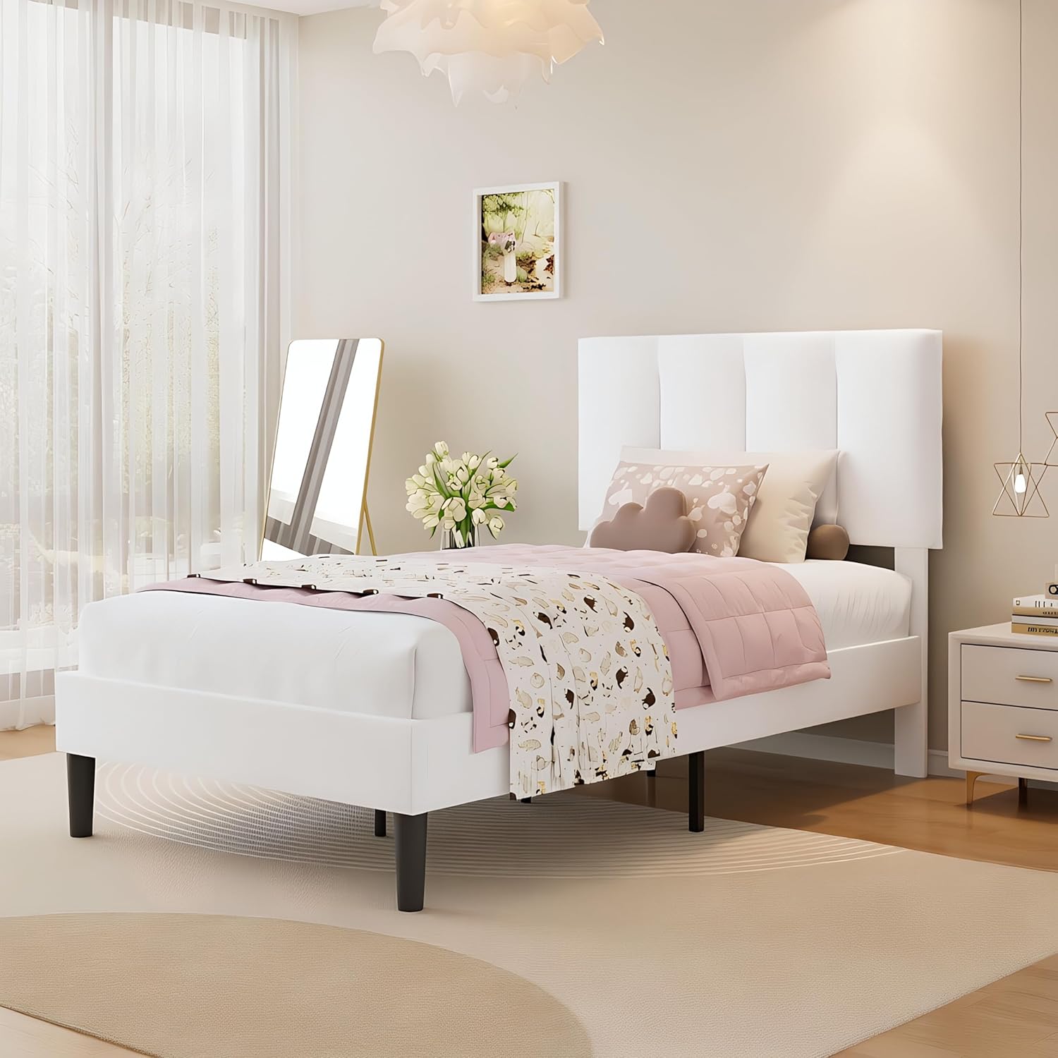 VECELO Twin Size Bed Frame with Upholstered Headboard, Heavy-Duty Bedframe with Wooden Slats & Steel Framework, Easy Assembly, Pure White